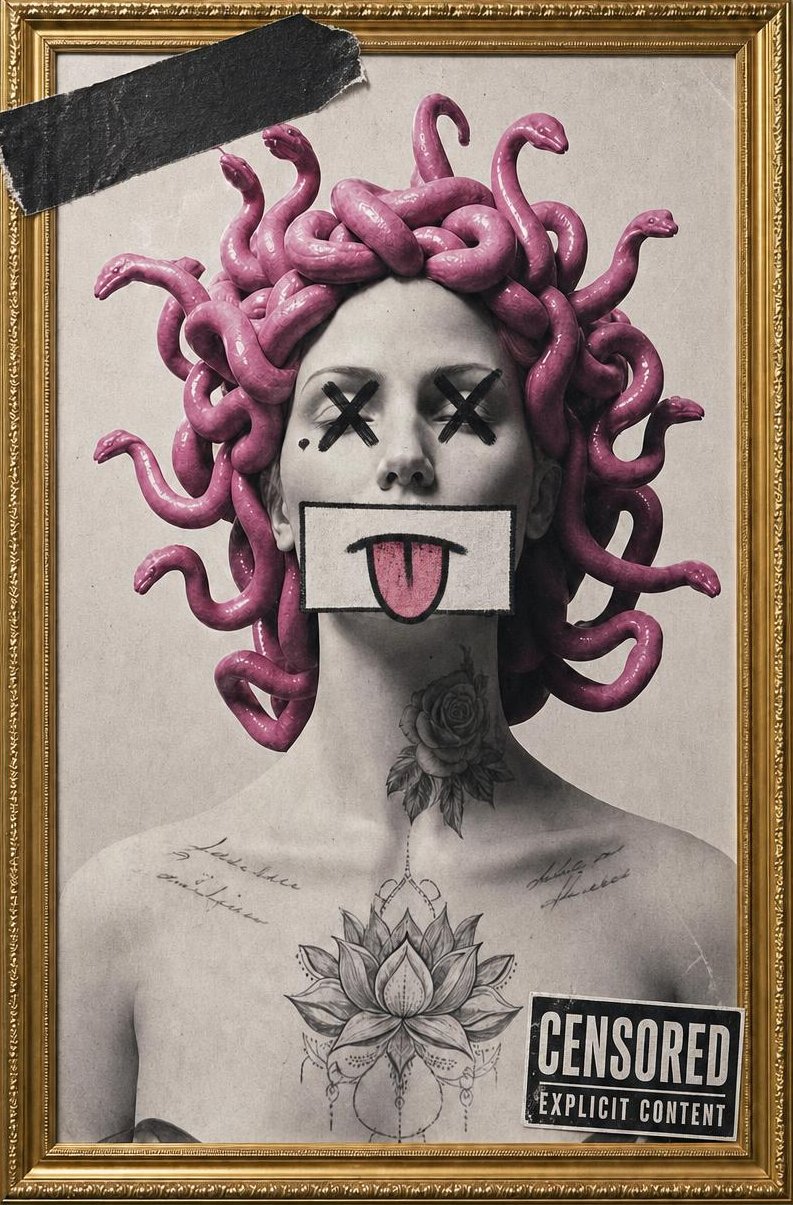 Marble Medusa print with pink snakes, X eyes and a censor block over the mouth